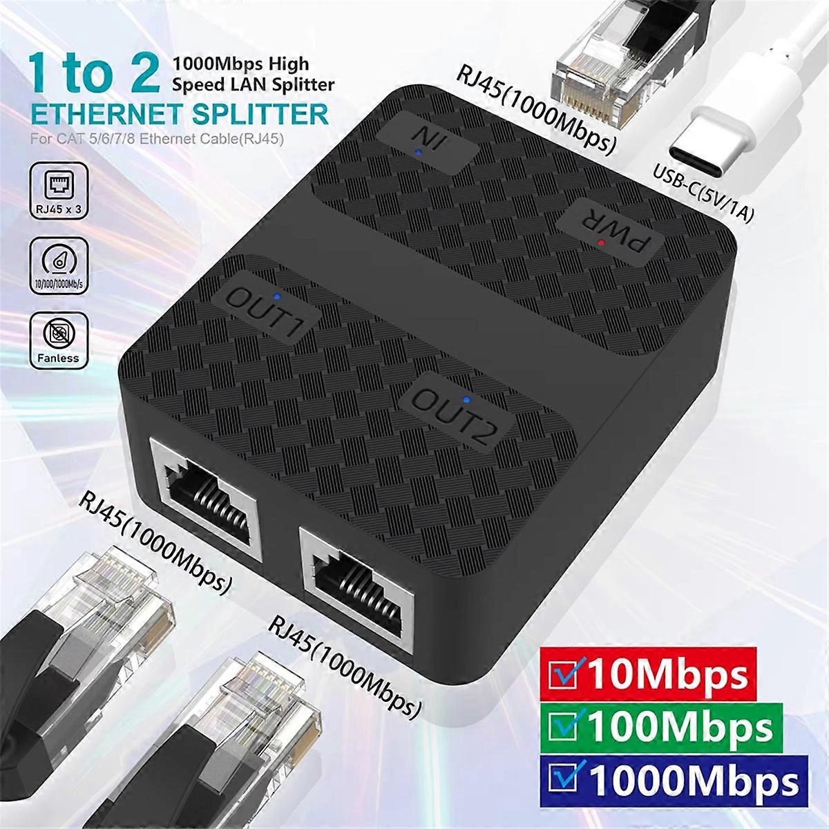 Ethernet Cable Splitter 1 to 2 1000Mbps Internet Cable Splitter Black
