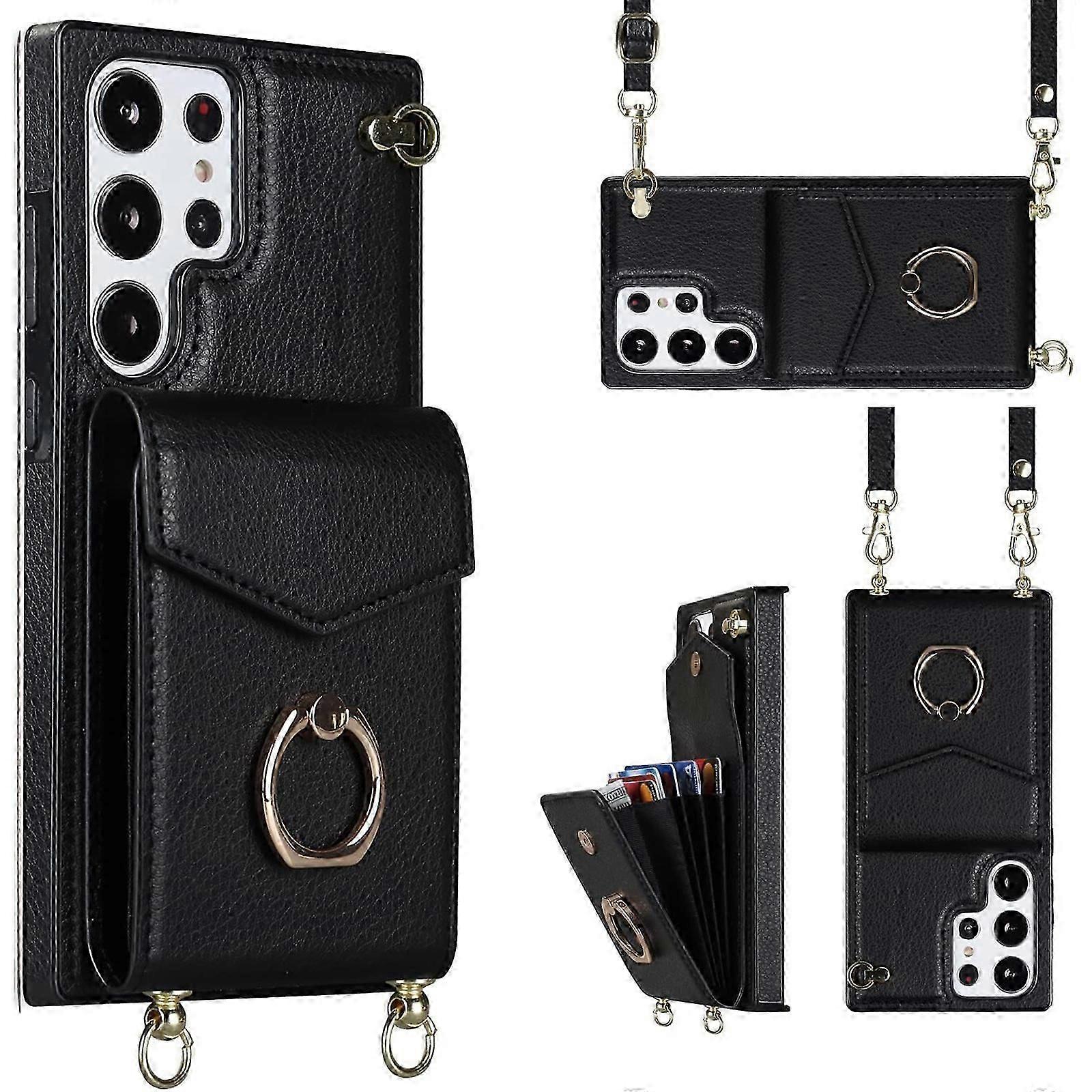 para Samsung Galaxy S24 Minimalist Wallet Case com Ring Kickstand e Alça de Ombro, Shockproof Capa protetora elegante para Samsung Galaxy S24