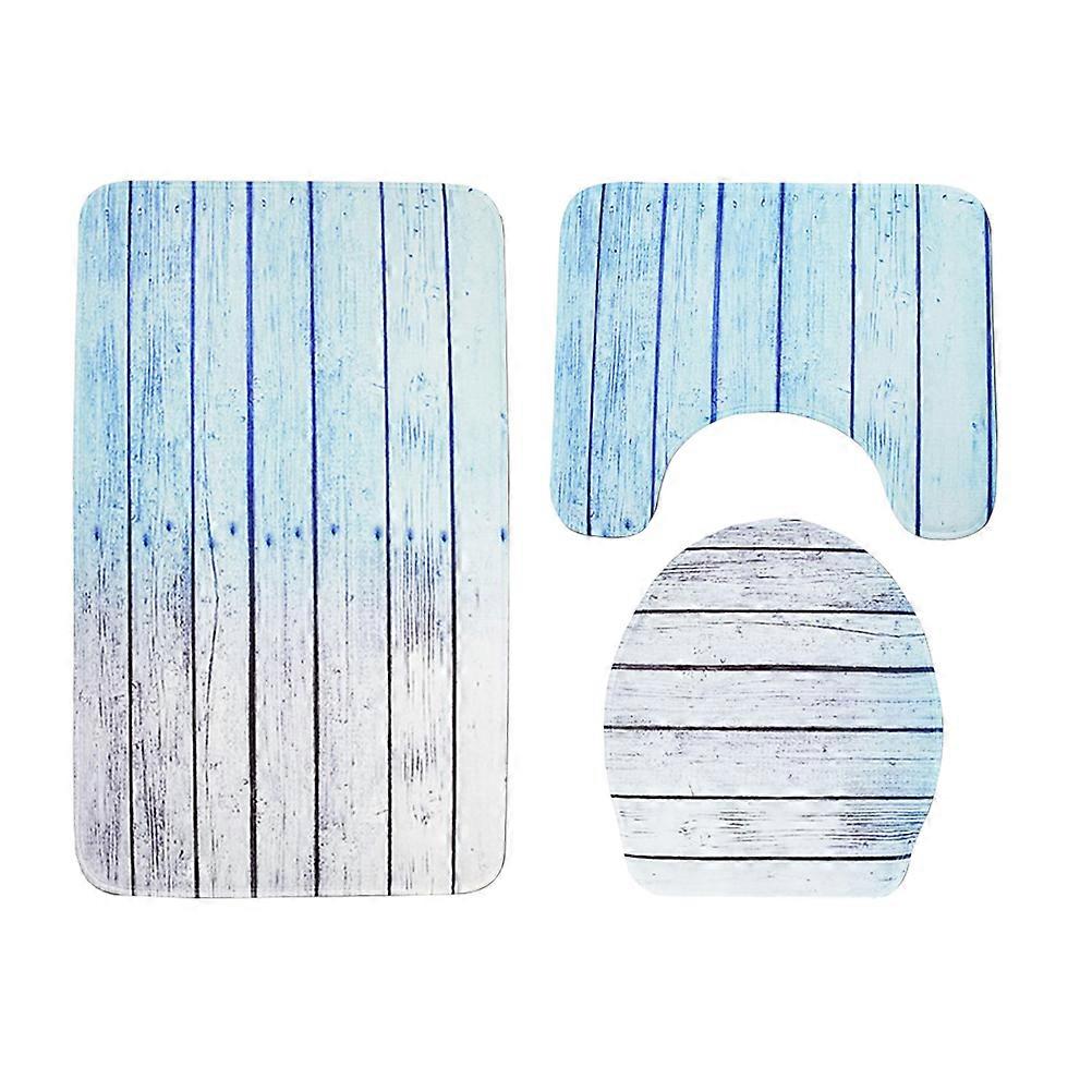 Blue Flannel Toilet Mat Set NonSlip Bathroom Rug High Water Absorption Easy to Clean 3 Pieces