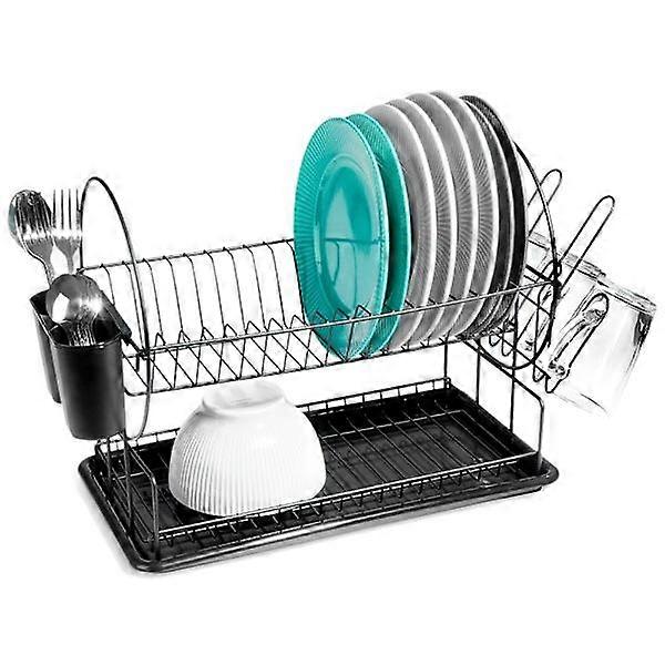 Compact Two-Tier Black Dish Rack with Drainboard, kitchen organization and storage.