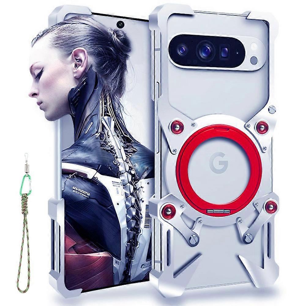 Custodia per paraurti per Google Pixel 10 / 10 Pro / 9 / 9 Pro Cavalletto Custodia magnetica per telefono in lega di alluminio con cinturino da polso Argento