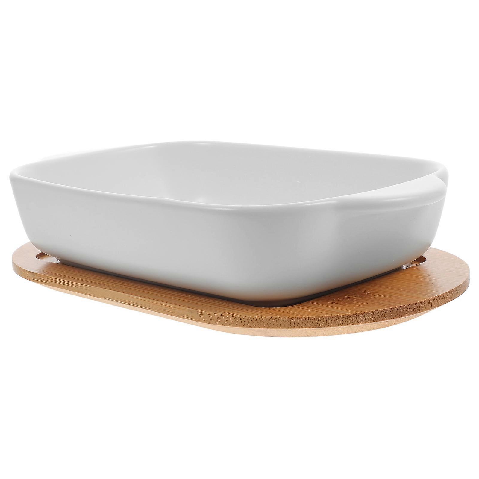 White Ceramic Baking Dish with Wood Base for Storage Easy to Clean and Stackable Perfect Size 7.9x5.5 Inches
