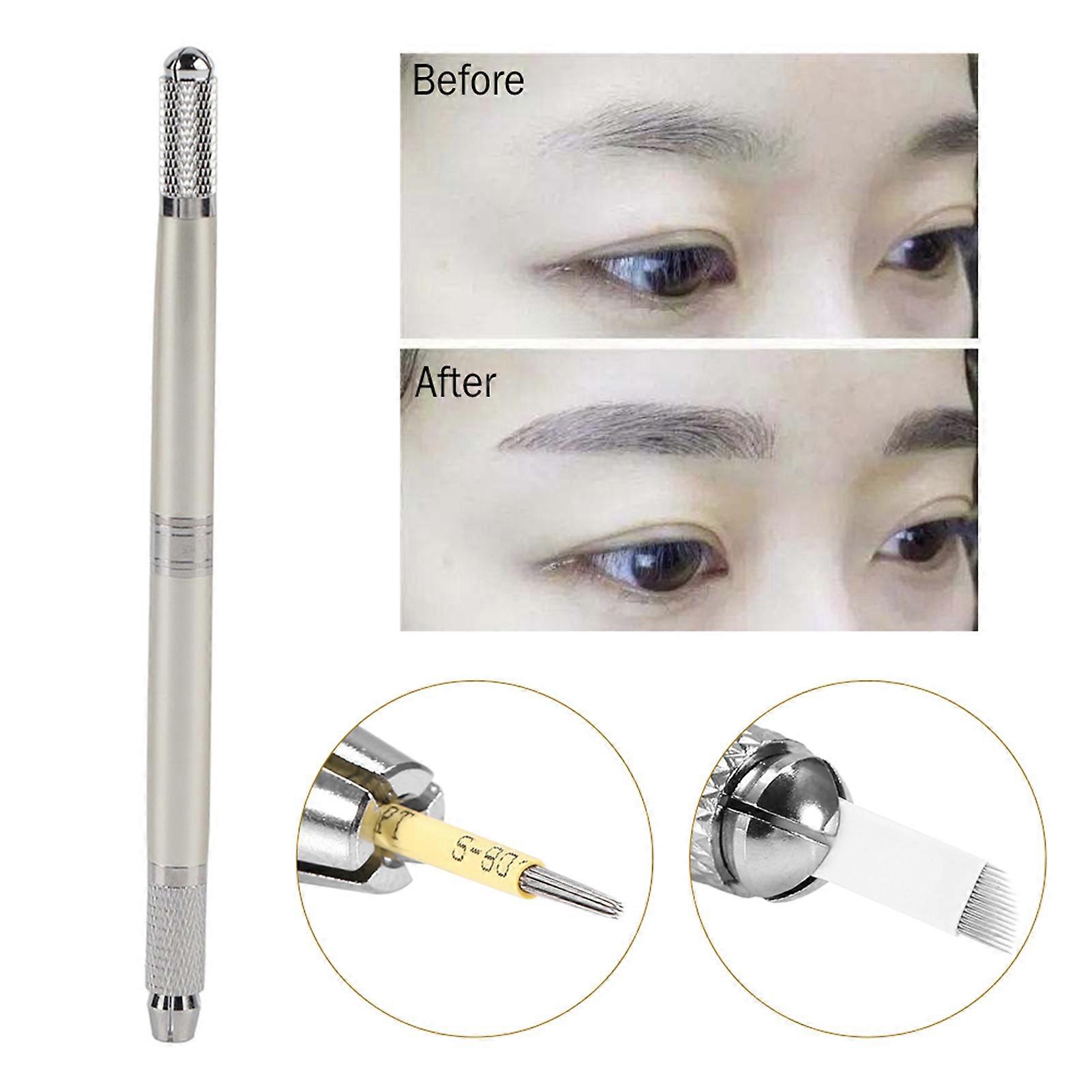 Double End Manual Microblading Pen 14.2cm Silver 2pcs 14Pins 2 Needles