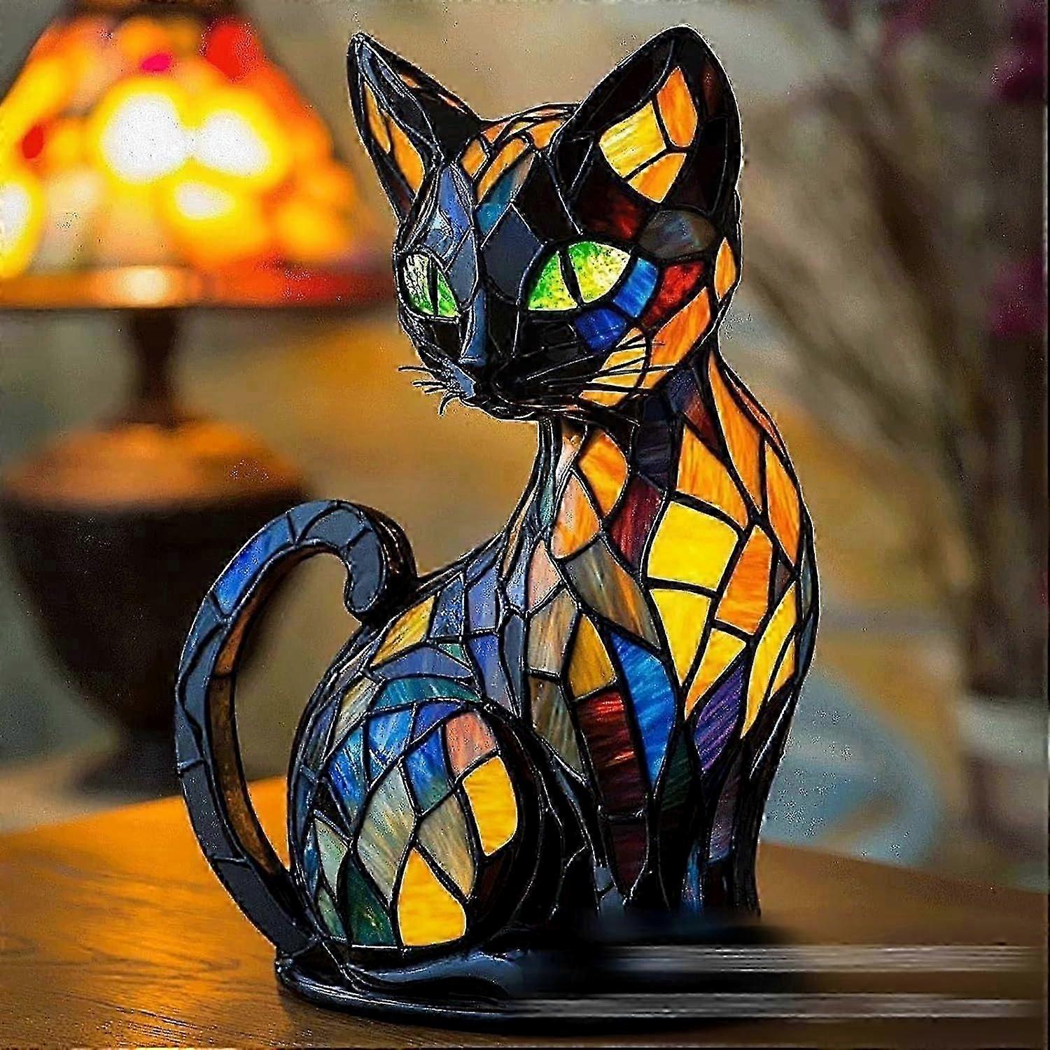 Stained Glass Cat Table Lamp for Nightstands, Glowing Cat Night Light for Bedrooms and Living Spaces