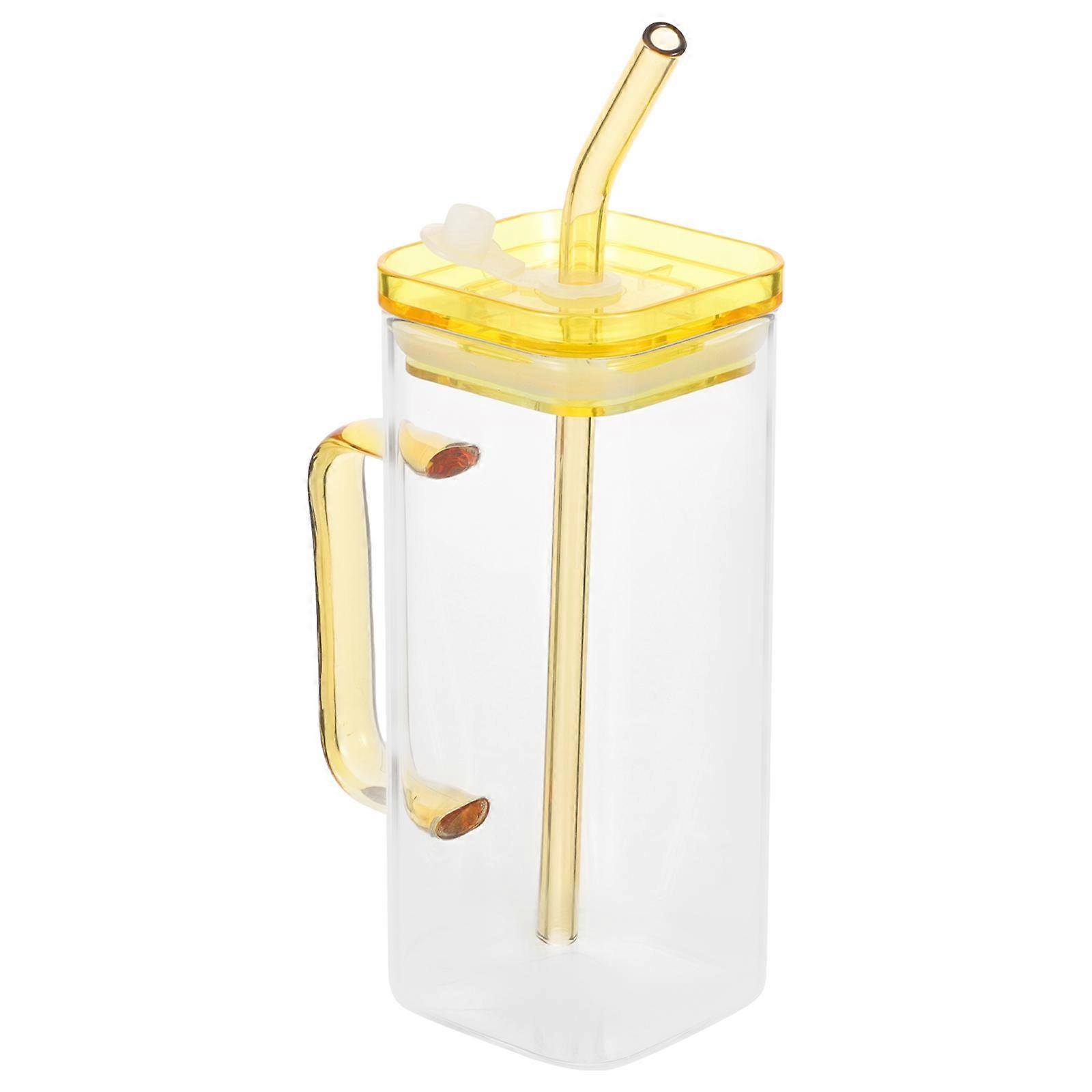 Square Glass Cup for Iced Coffee 5Sets with Handle Yellow Material