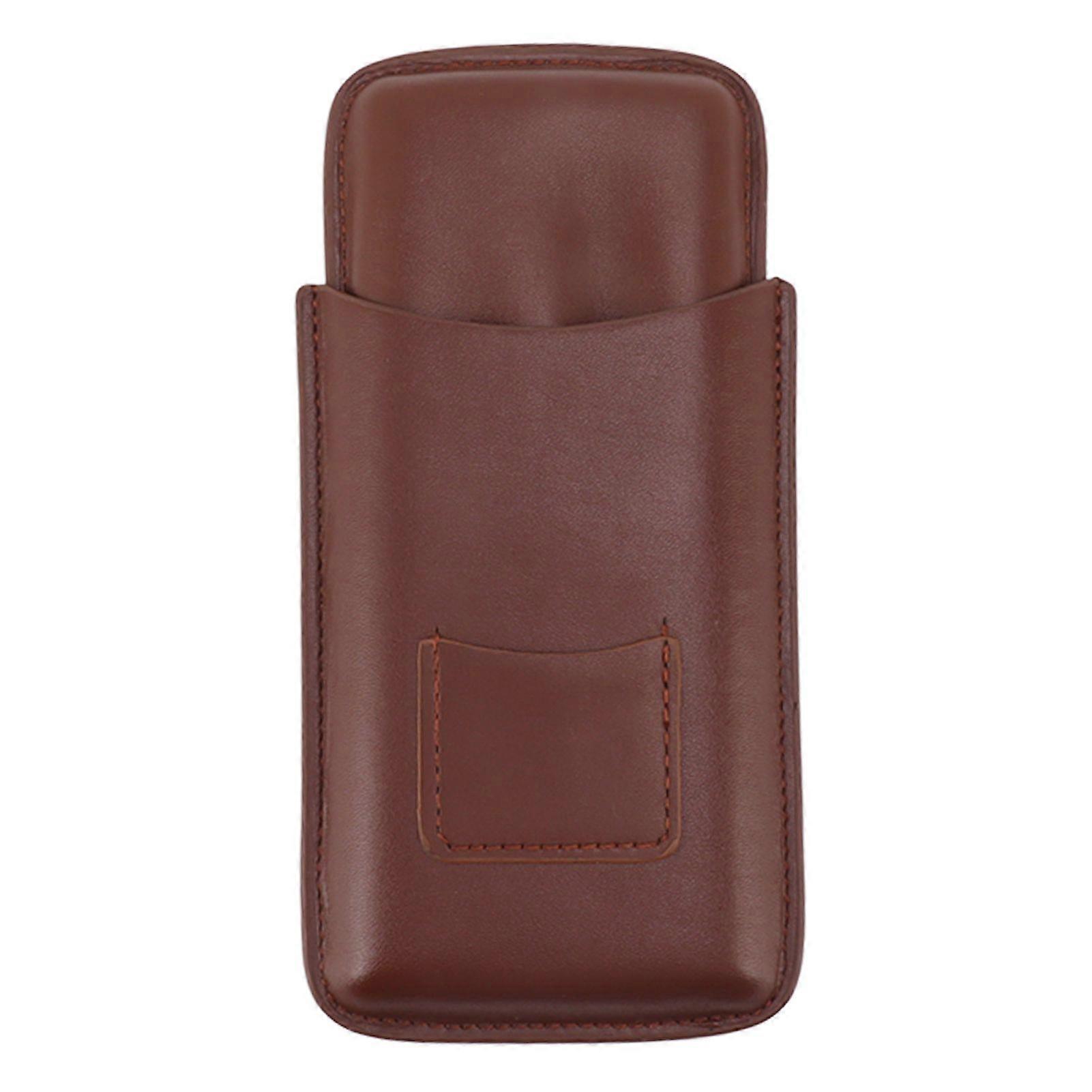 Leather Cigar Case Portable 3 Finger Cigar Humidor Carrying Case with Cutter Pocket for Cigar Lovers Brown