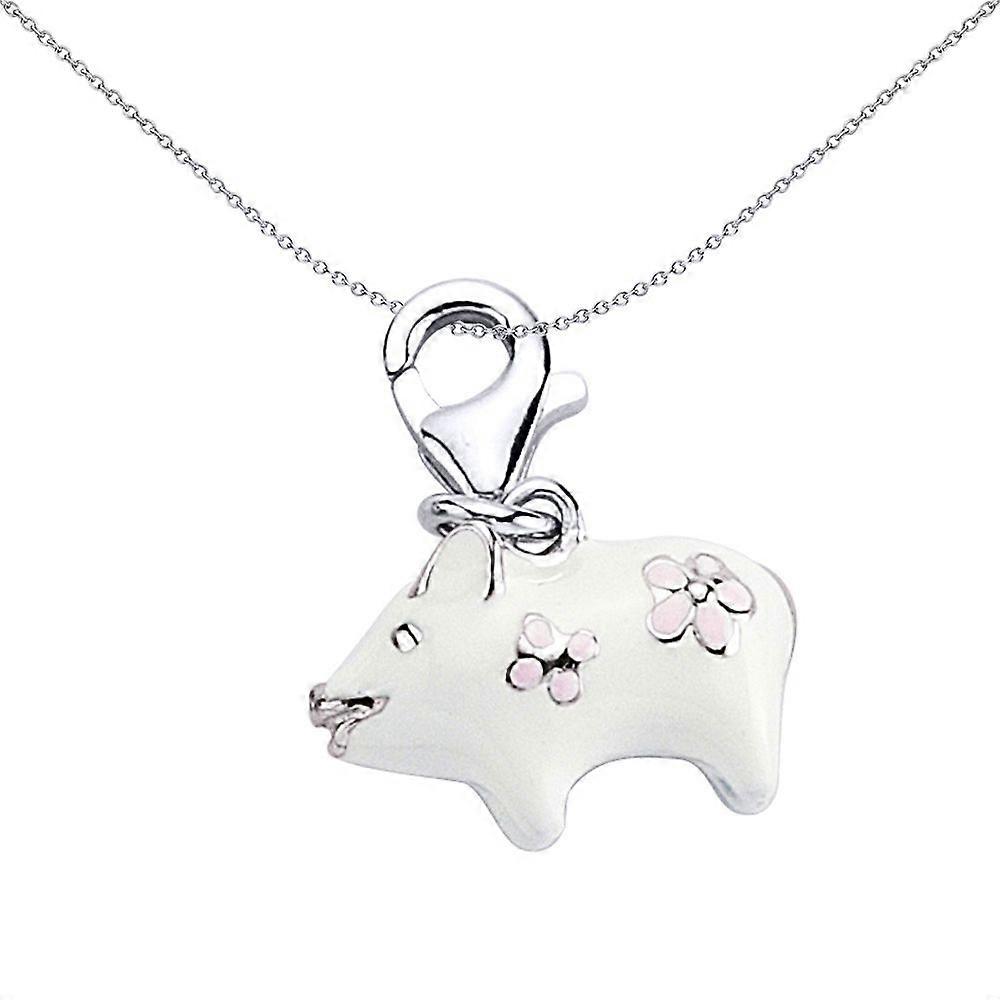 Jewelco London 纯银珐琅粉白色雏菊小猪魅力吊坠