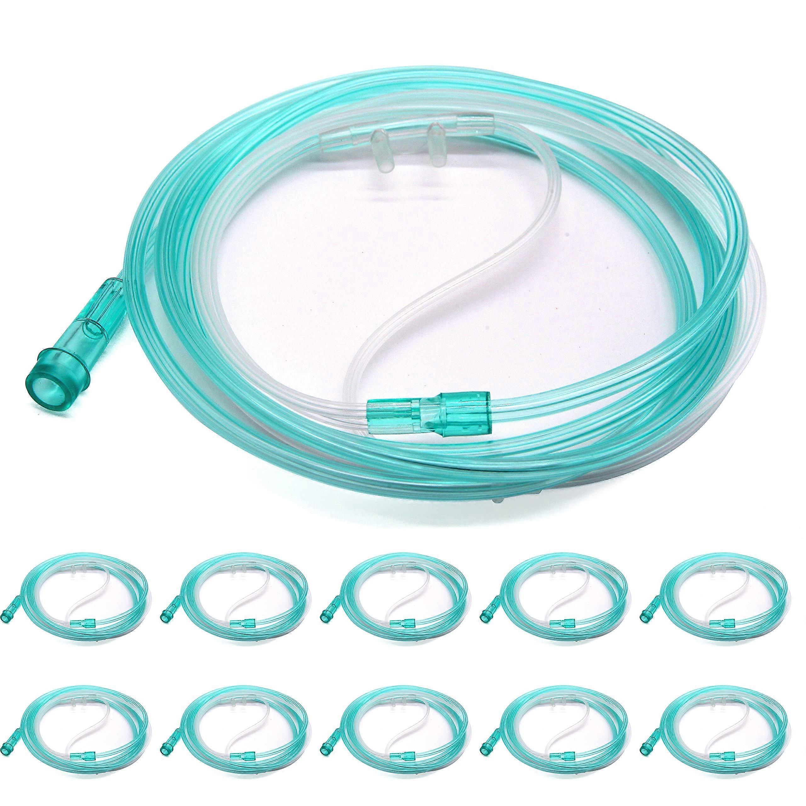 10 Pack Nasal Oxygen Cannula with Standard Connector, 6.6ft Green Flow Soft Tubing for Adults