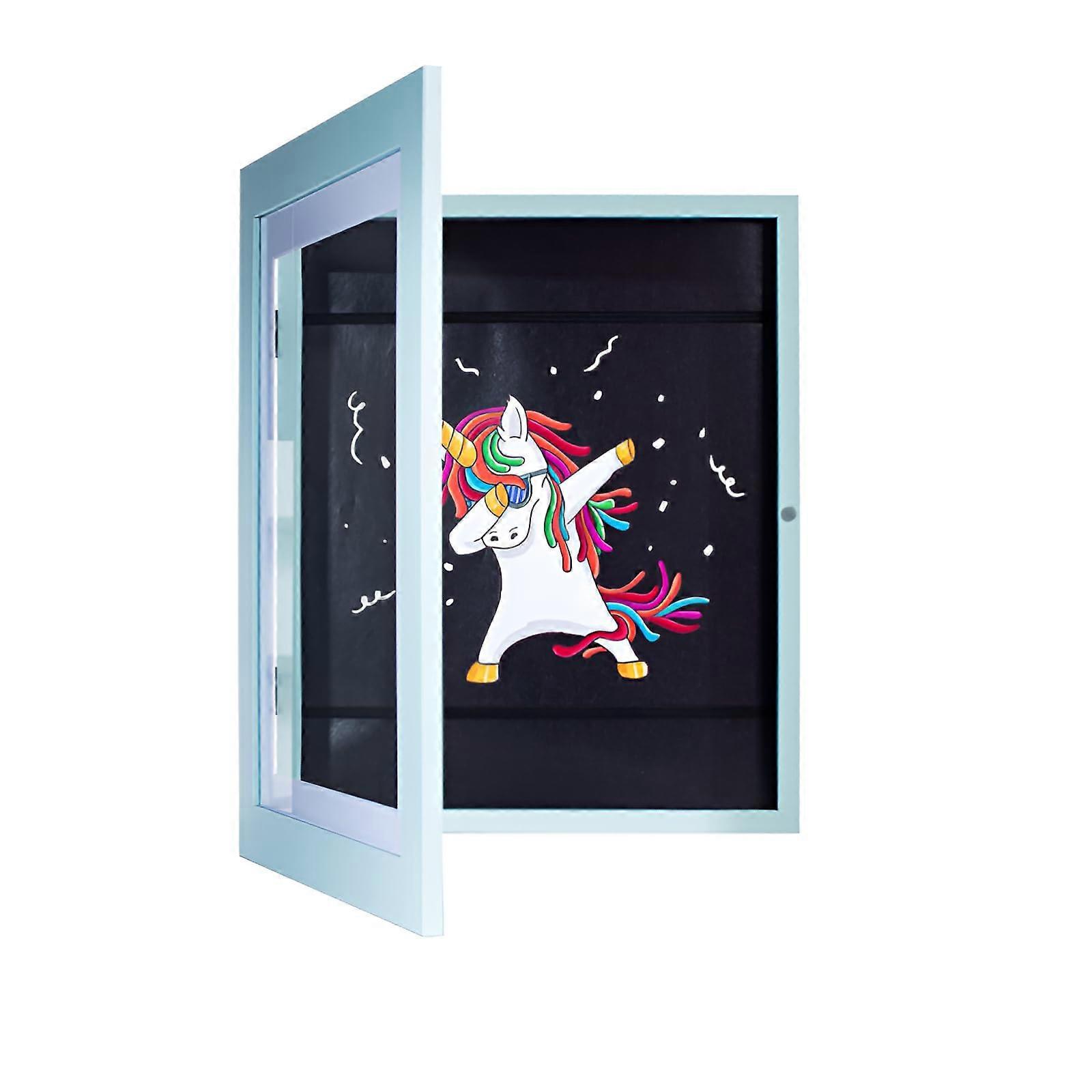 Kids Art Display Frame with Storage Box, Wooden A4 Poster Holder for Drawings, Classroom and Home Wall Decor, Sky Blue