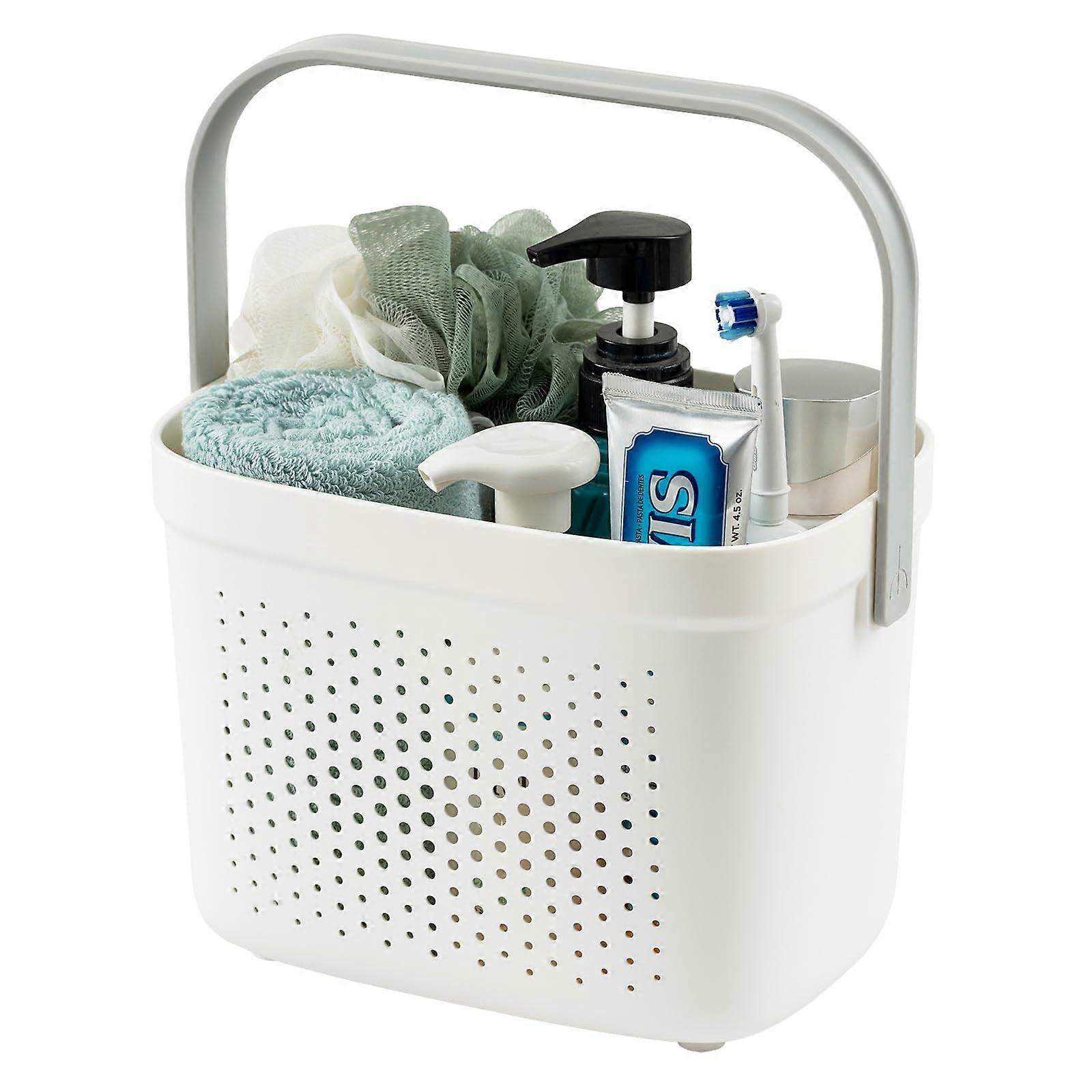 Shower Caddy with Large Storage and QuickDrain Design, Plastic Basket Tote for Dorm Bathroom, Grey and White