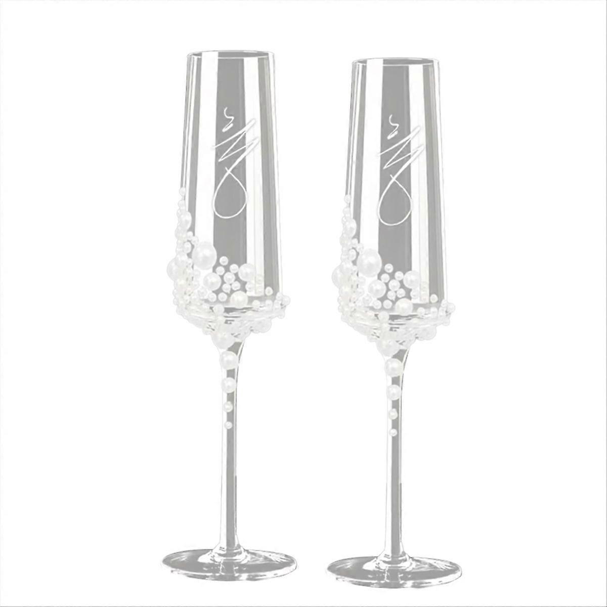 Elegant Pearl Crystal Champagne Glasses with Cursive Script Design