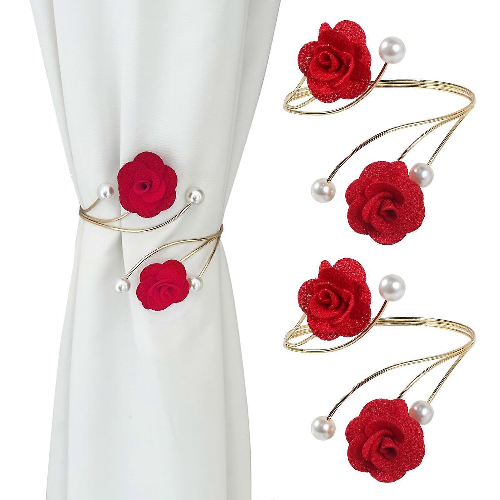 2 Pack Rose Curtain Tiebacks with Gold Finish, NoDrill Decorative Holdbacks for Home Decor (Red)