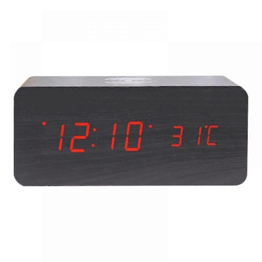 Digital Wooden Alarm Clock with Wireless Charging, 3 LED Displays, Dual Alarms, Sound Control & Adjustable Brightness