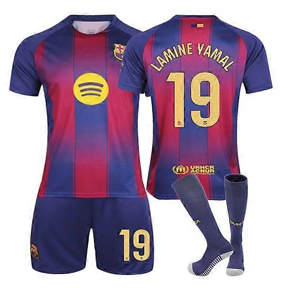 Maillot domicile FC Barcelone 25-26, n° 19, LAMINE YAMAL, tenue de football enfant/adulte avec chaussettes n° 19 et 24