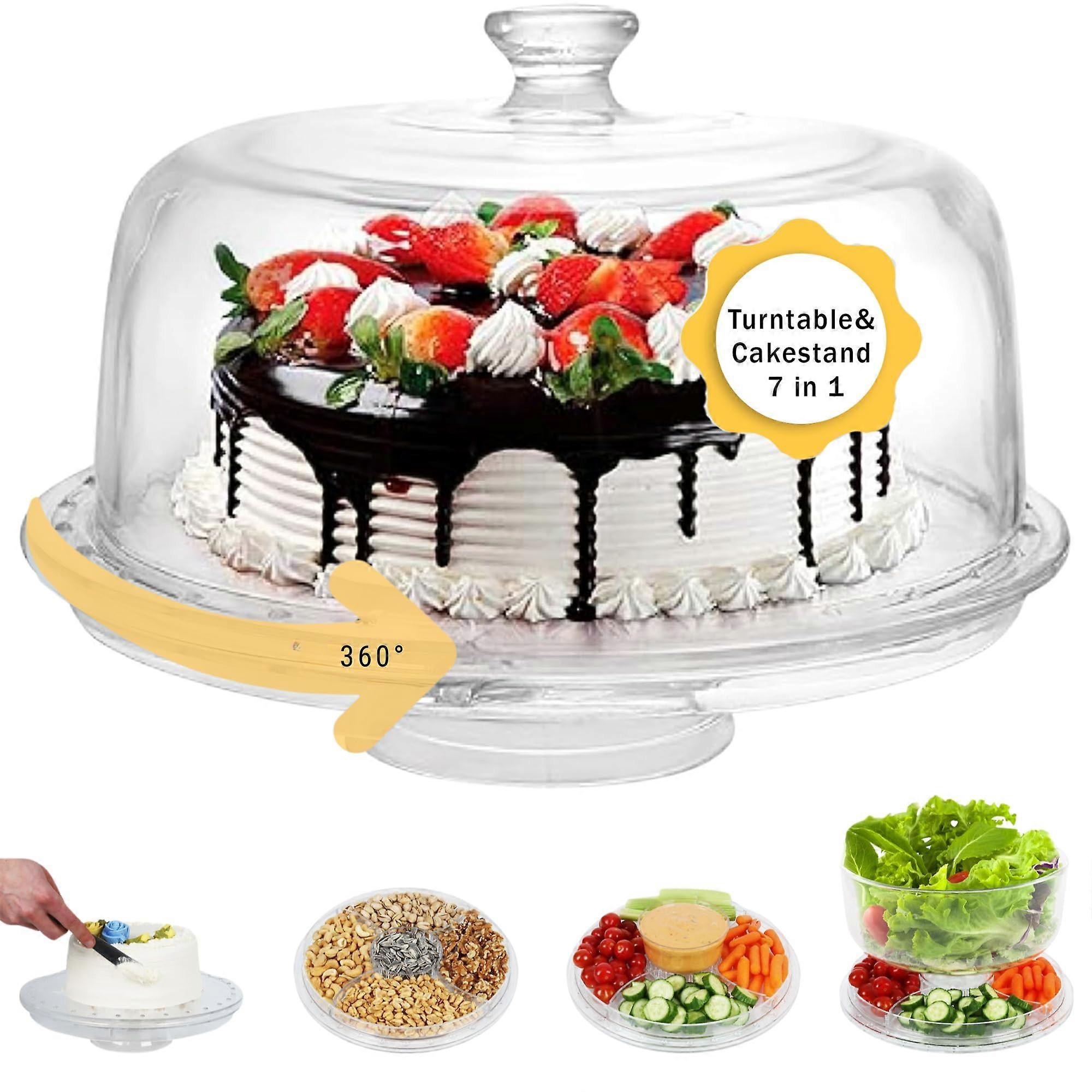 Acrylic Cake Stand with Lid and Rotating Turntable for Decorating, 7in1 MultiUse 12 Inch