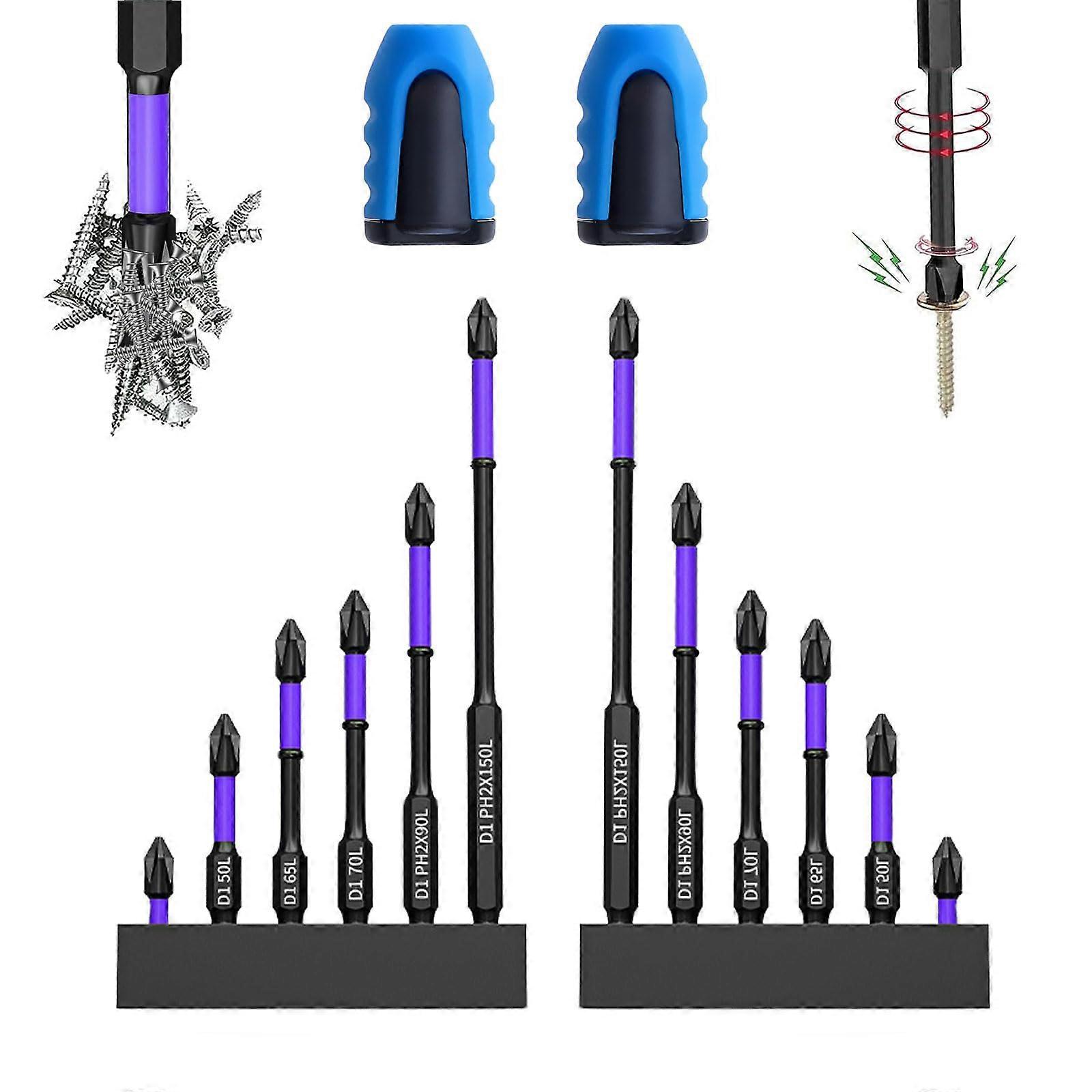 Impact Driver Bits Set 12Pcs with Strong Magnetic Tip,  Hardness 62HRC Cross Head, 2 Bit Holders