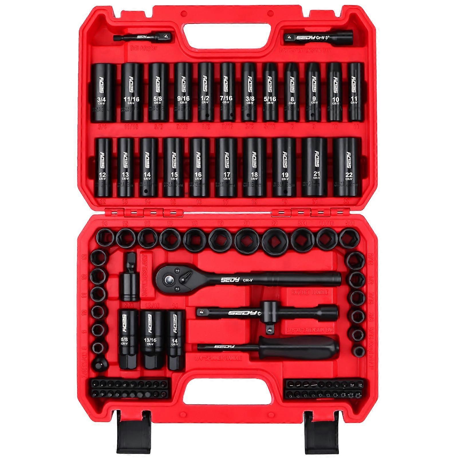 96 Piece SAE and Metric Impact Socket Set 3/8 Inch Drive with Ratchet and CorrosionResistant Finish