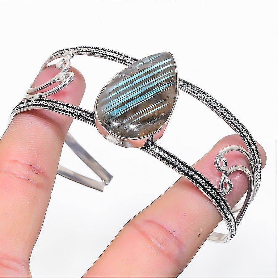 Natural Labradorite Gemstone 925 Sterling Silver Cuff Bangle Adjustable v8A25
