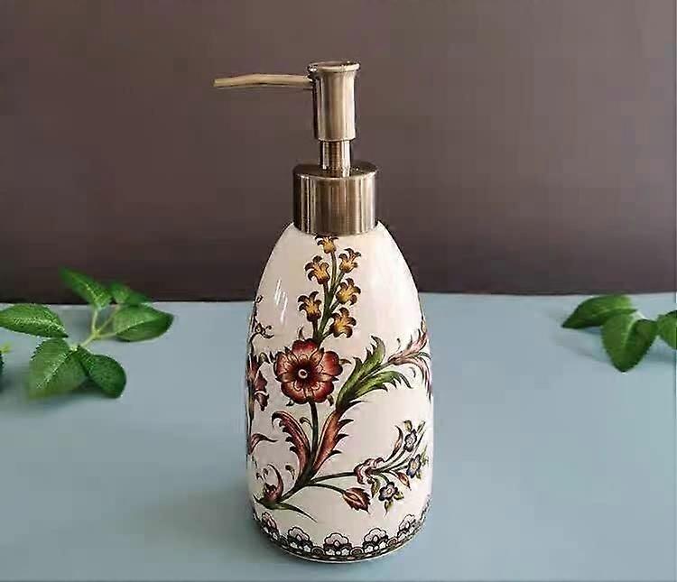 Ceramic Soap Dispenser with Floral Design, LeakProof Quick Press Pump for Bathroom or Kitchen
