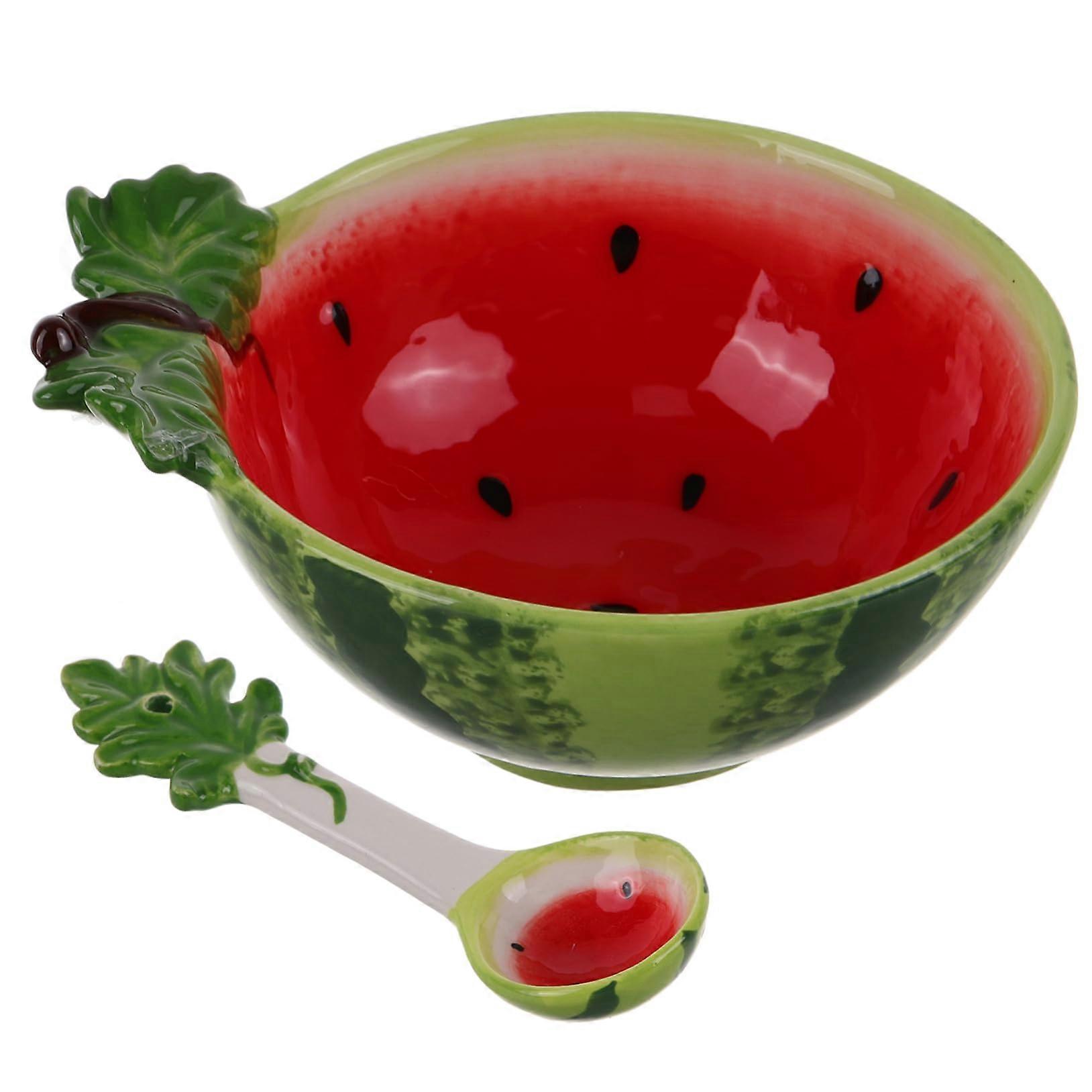 Ceramic Salad Bowl Set with Spoon Decorative Pattern for Fruit Dessert and Ice Cream Serving