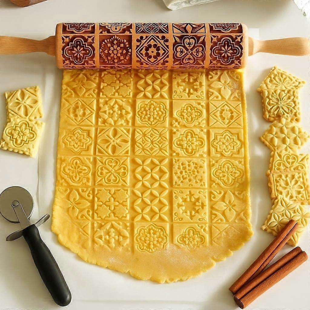 Christmas Embossing Rolling Pin Deep Engraved Wooden Holiday Cookie Decor Roller Window Grilles Pattern