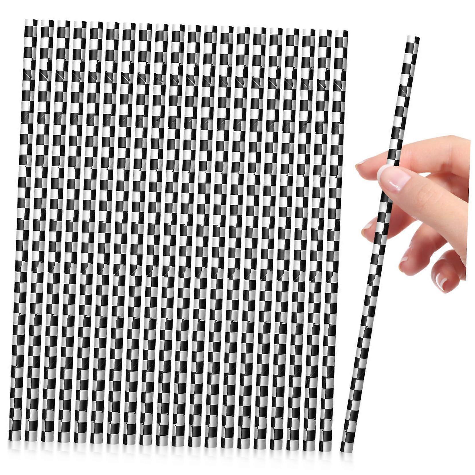 100pcs Black and White Checkered Paper Straws Racing Theme Durable Disposable for Party Drinks