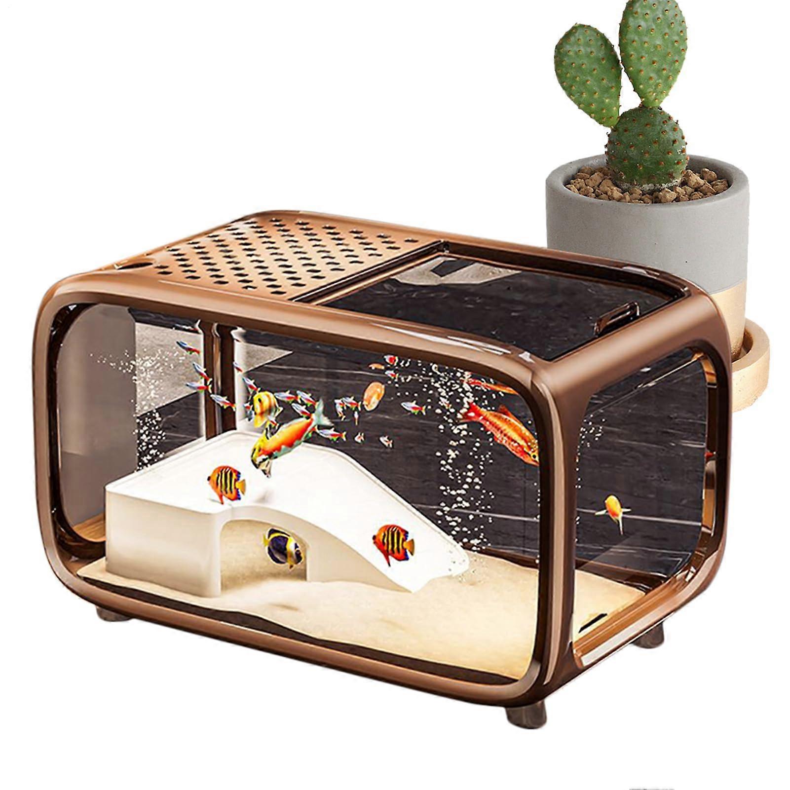 Betta Fish Tank Acrylic Aquarium with Lid Modern Rectangular Design for Turtle Shrimp Plants Brown