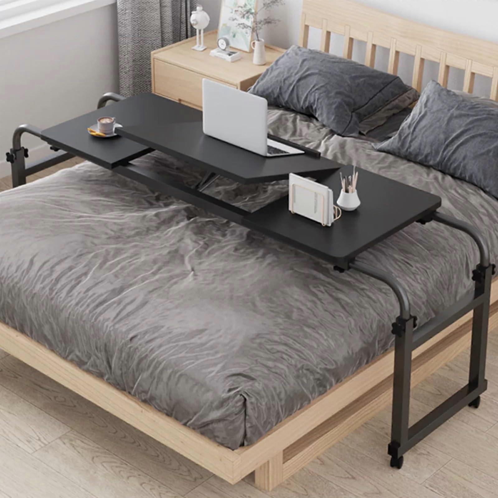 Adjustable Bed Table with Rolling Wheels for Laptop, Meals and MultiPurpose Bedside Use  Black