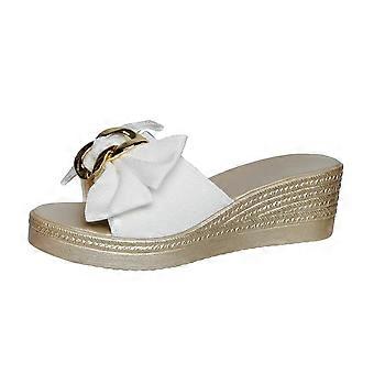 Hvide damesandaler afslappet sommer med sløjfe, tyk sål, kilehæl, udendørs og indendørs, komfortable sandaler, størrelse 36, 1 stk. fodseng, støtte, letvægts