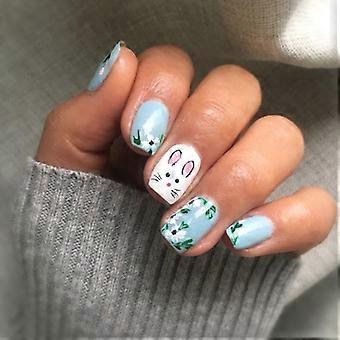 24Pcs Easter Themed Short Square False Nail With Rabbit And Floral Patterns Full Cover Glossy Acrylic Press on Nail