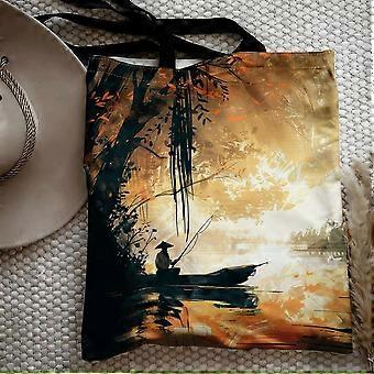 The Old in a Straw Raincoat Fishes Alone As The Evening Glow Reflects on The Water, Creating a Picturesque Scene. Digita-Rqazs
