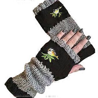Fingerlose Handschuhe mit gestickten Vögeln, farblich abgesetzt, gestrickt, warm, dehnbar, mit Daumenlöchern zum Tippen und Schreiben, Jikaixiang
