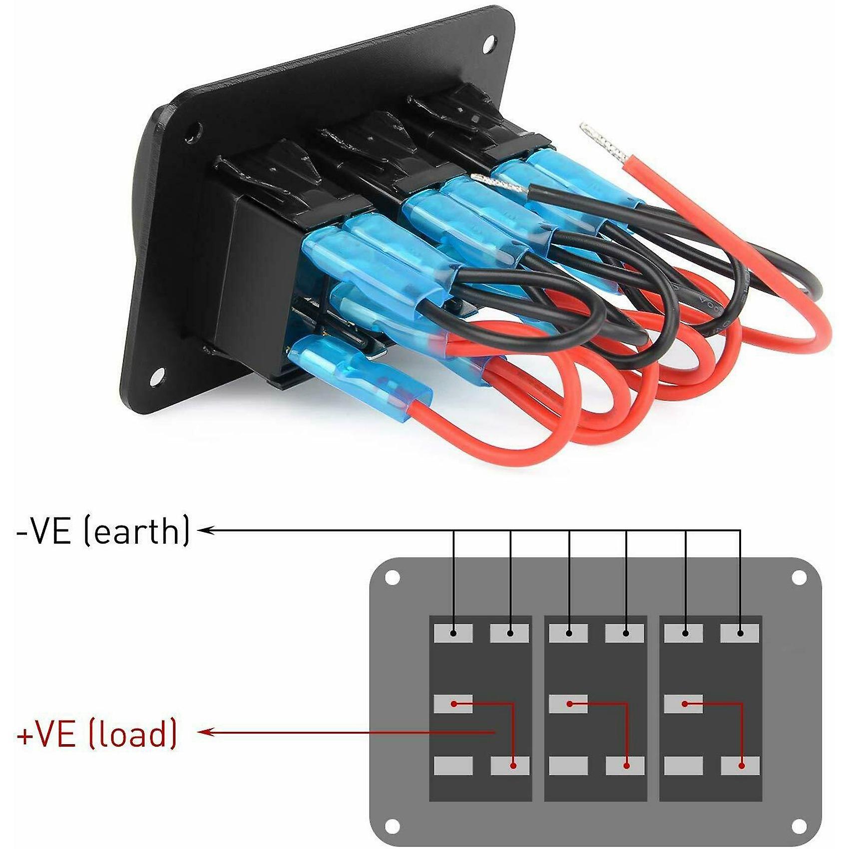 3 Gang Aluminum Panel Toggle Dash 5 Pin ON/Off Pre-Wired Rocker Switch ...