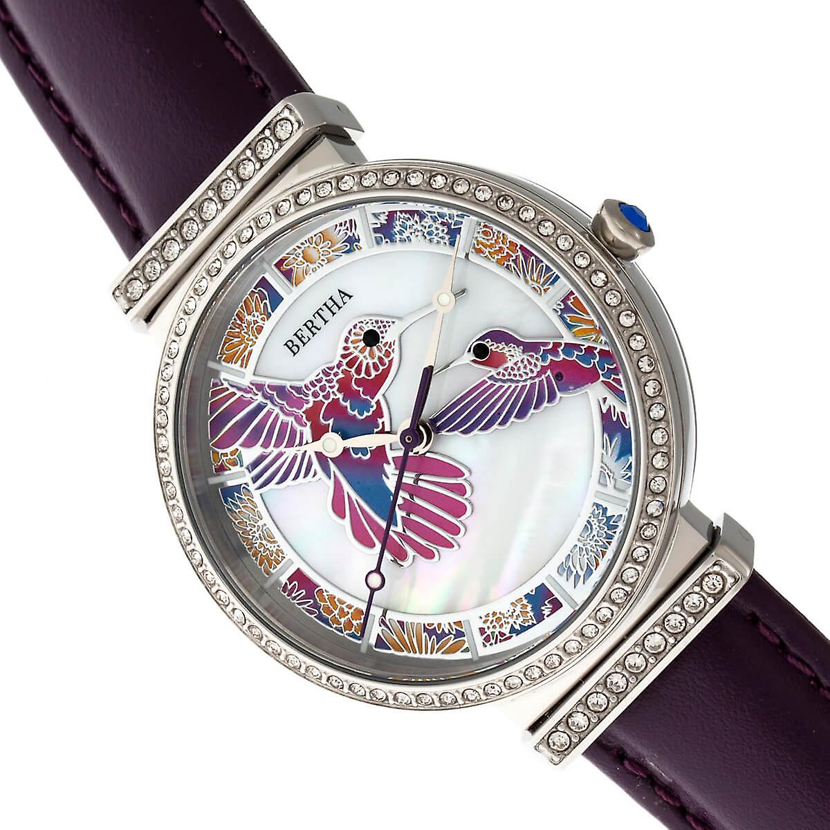 Bertha Emily Mother-Of-Pearl Leather-Band Watch Silver/Purple