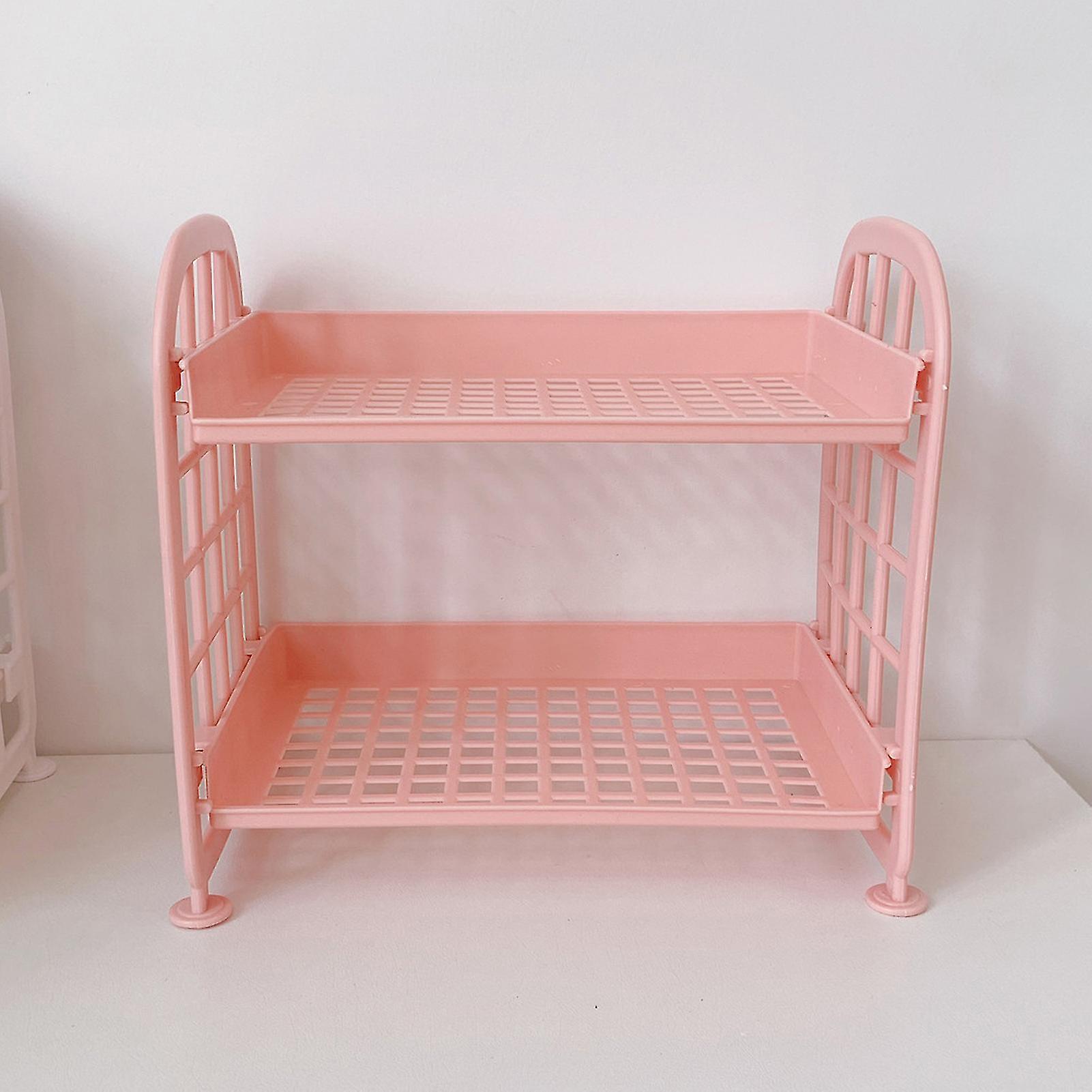 2 Layer Desktop Shelf Side Guardrail Design Foldable Double Layer Stacking Kitchen Storage Shelf RackPink