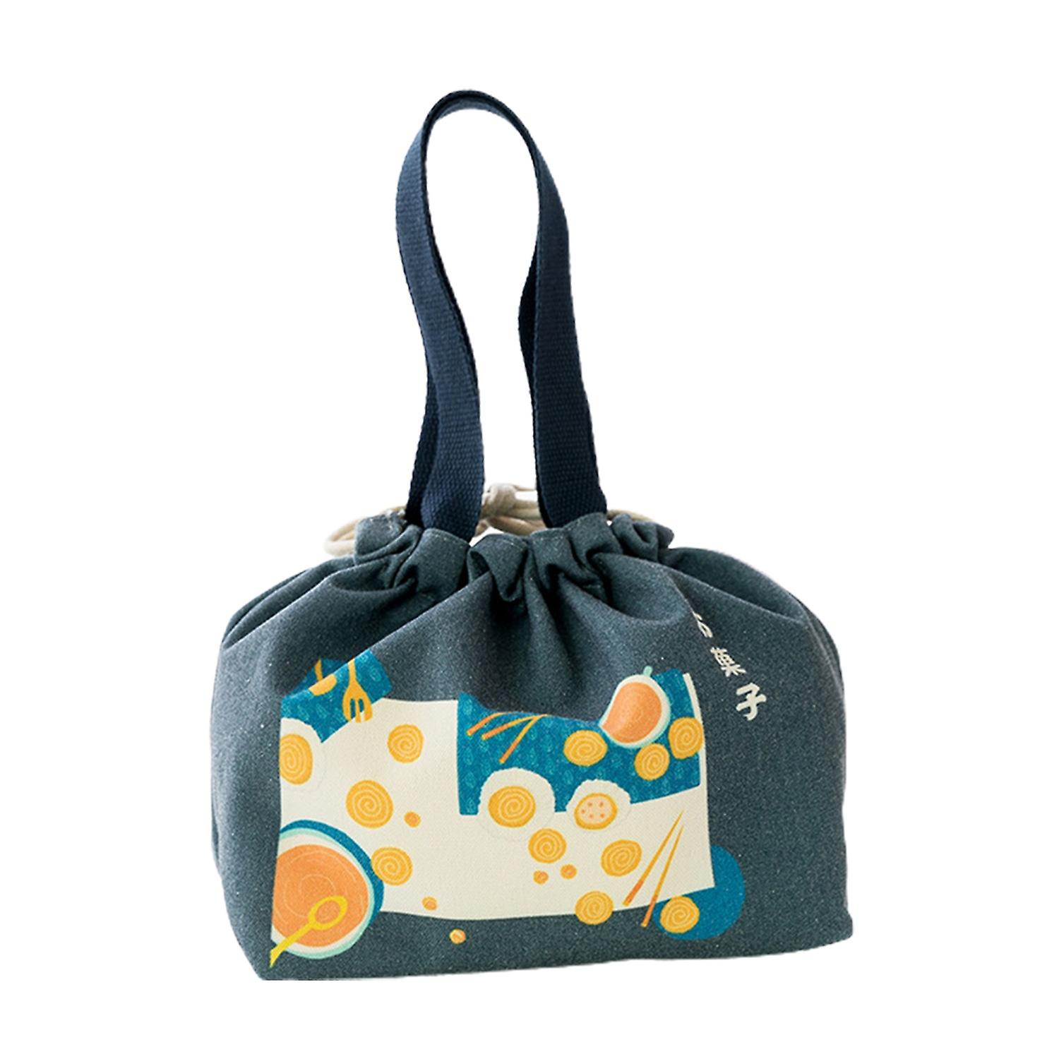 Portable Japanese Style Canvas Large Capacity Thick Lunch Pouch Bento Tote Bag