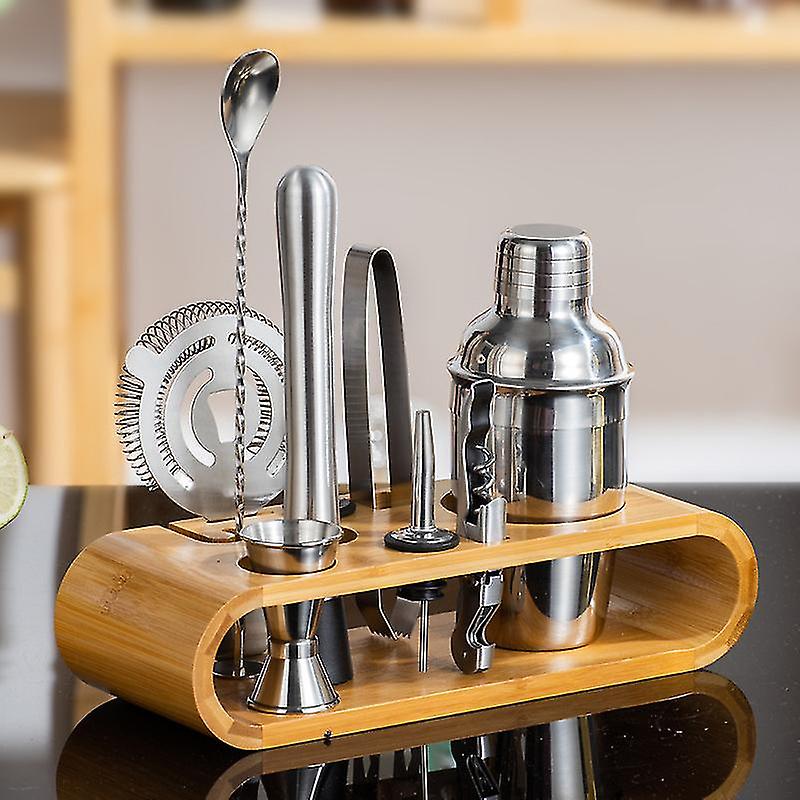 9pcs Bartender Kit Cocktail Shaker Set With Bamboo Stand Bar Tools For Drink Mixing