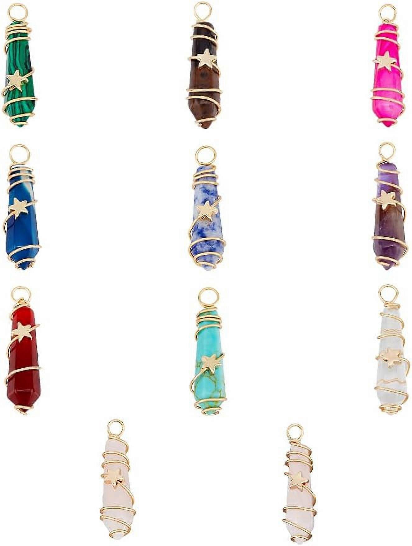 10Pcs 10 Styles Gemstone Pendants Column Pointed with Light Gold Copper Wire Wrapped Crystal Stone Pendants Mixed Color with Tiny Star Beads for Jewel