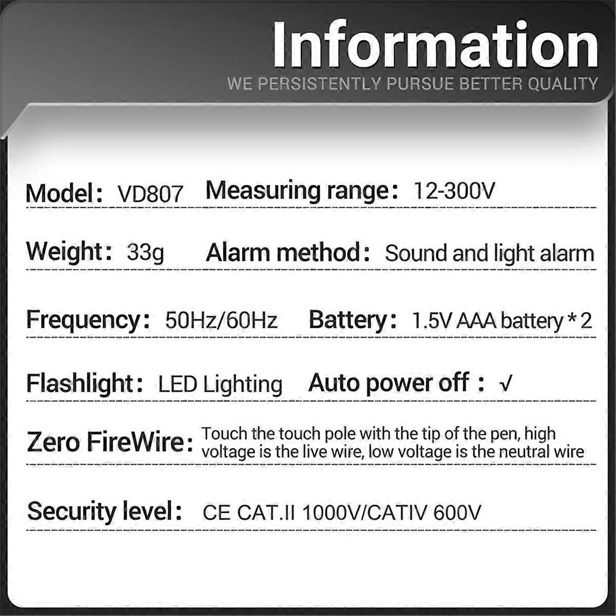 VD807 Digital Voltage Detector Tester Pen AC12-300V Voltage Testers Circuit NCV Sensor Wire Electr