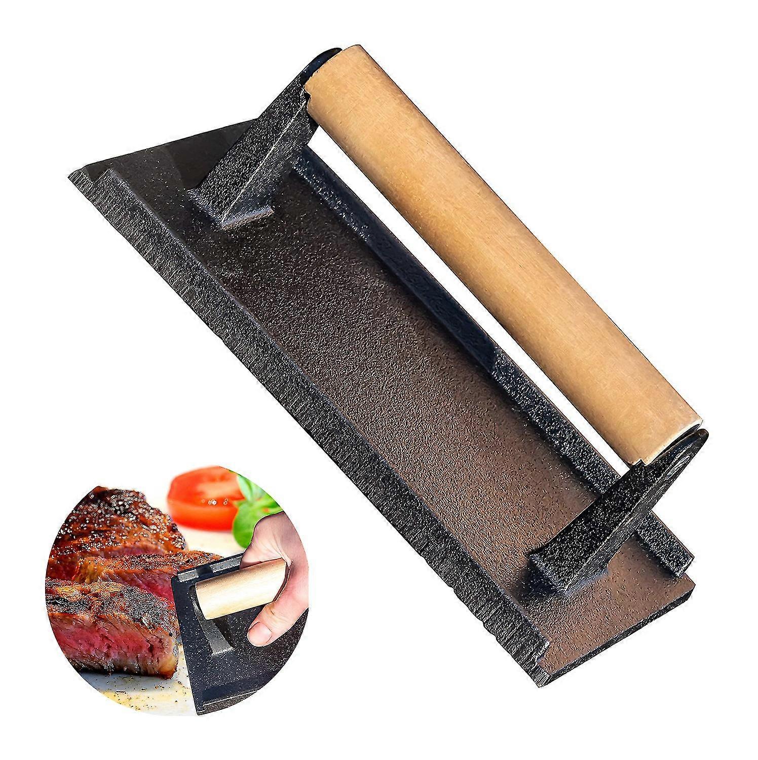 versatile, safe-touch 8x4in cast iron grill weight 1pc. perfect meat press with wooden handle for crispy bacon, evenly cooked steak and healthier burg