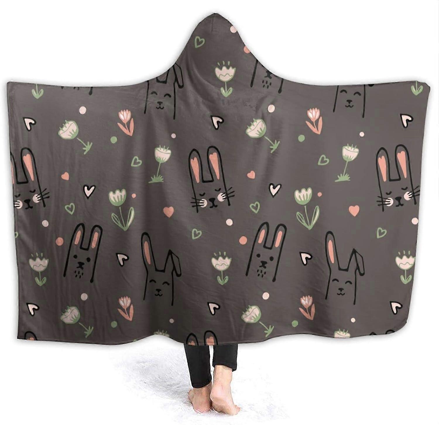 Cobertor com Capuz de Coelho Fofo Cobertor Vestível de Pelúcia Macio Robe com Capuz Poncho Capa Roupão de Banho Sofá Cama de Flanela 80"X60" para Adul