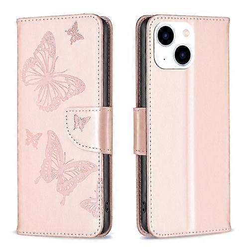 For iPhone 15 Embossing Two Butterflies Pattern Leather Mobile Phone Case
