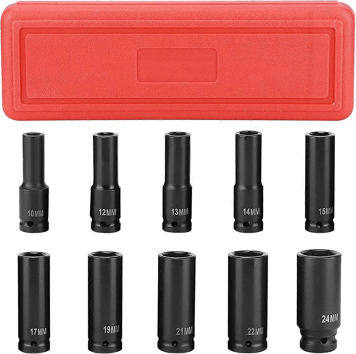 10PC Impact Wrench Socket Set,1/2''w/Tool Box,10-24mm