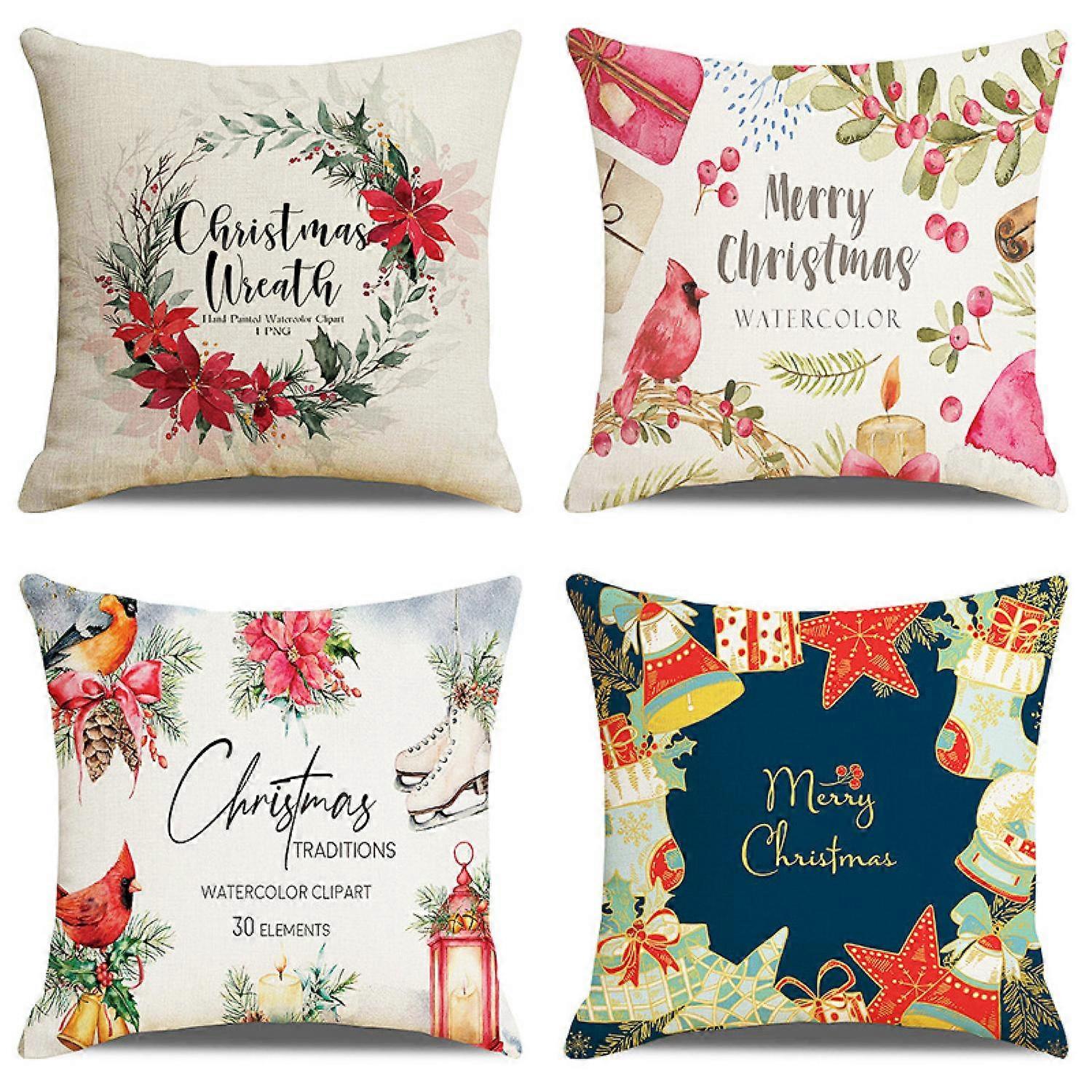 4 Christmas printed linen cushion covers