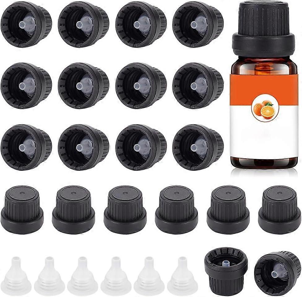 30 Set Black Boston Bottle Cap 18mm 18 Tooth Plastic Replacement Bottle Cap with Hopper Inner Plug for Essential Oil Bottle and Reagent Bottle
