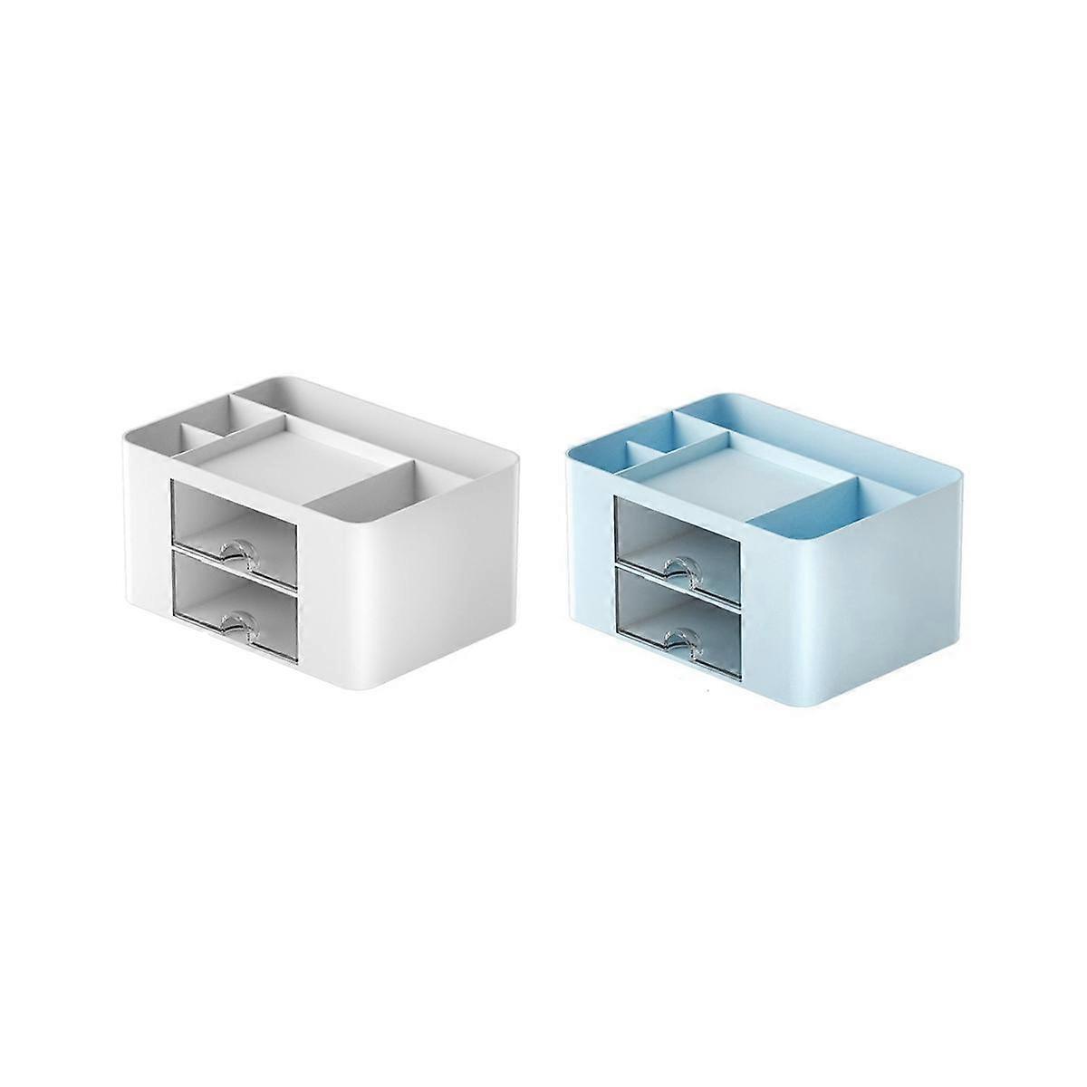 2Pcs Blue+White Simple Transparent Drawer Storage Box Children'S Student Office Desktop Ornaments P