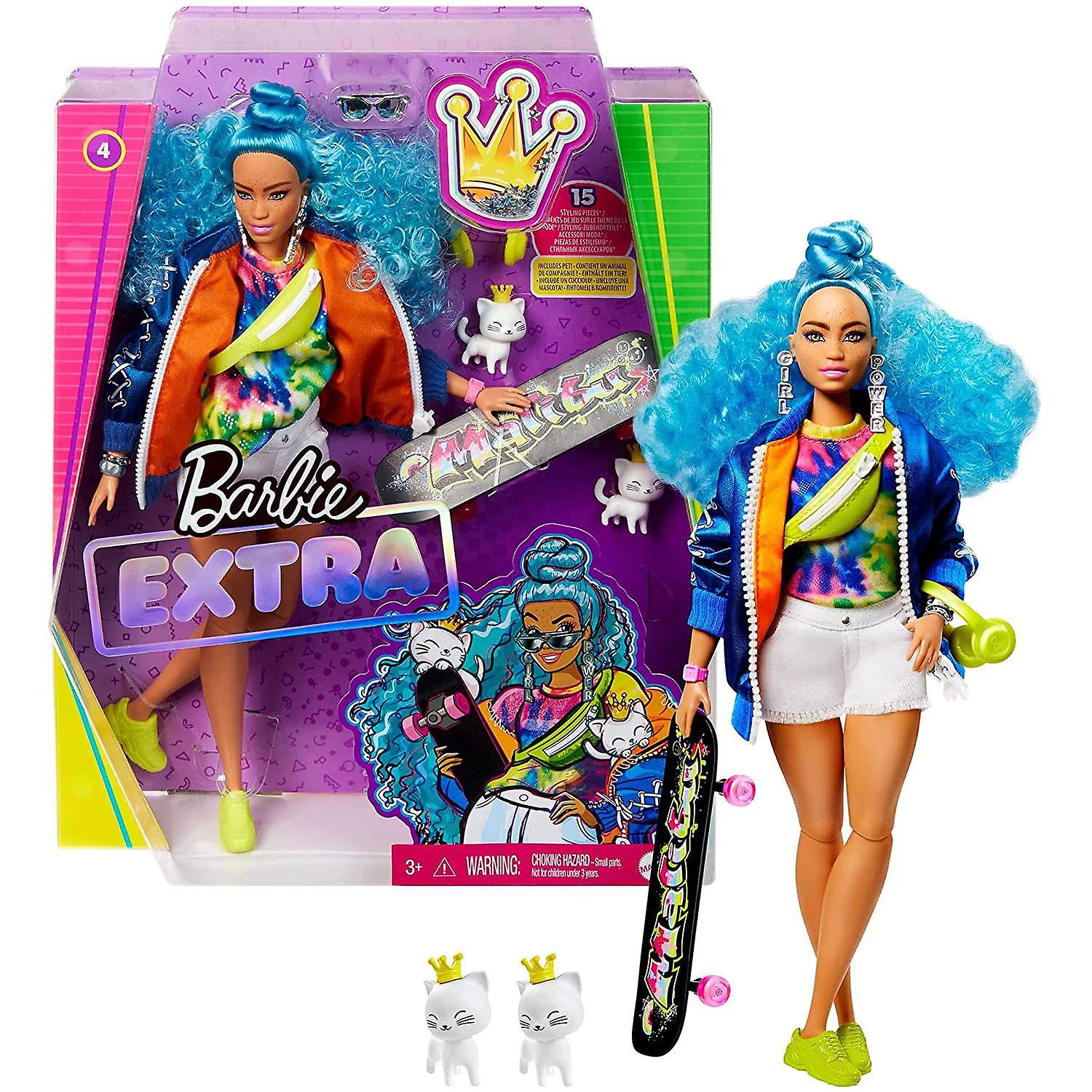 Barbie Extra Doll with Blue Curls and Skateboard