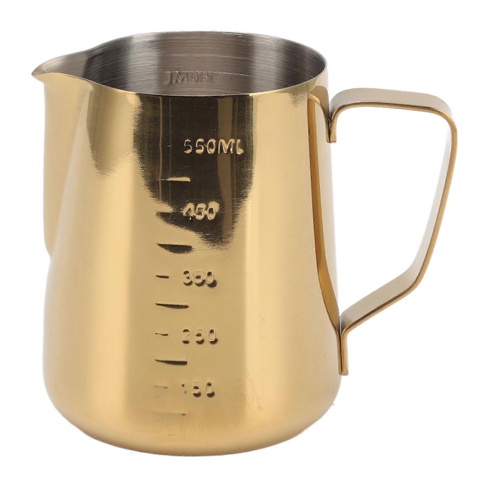 Pichet à mousse de lait Dual Scale 304 Mousseur à lait en acier inoxydable Tasse Pichet à vapeur de café compatible Latte Art 550ML Gold