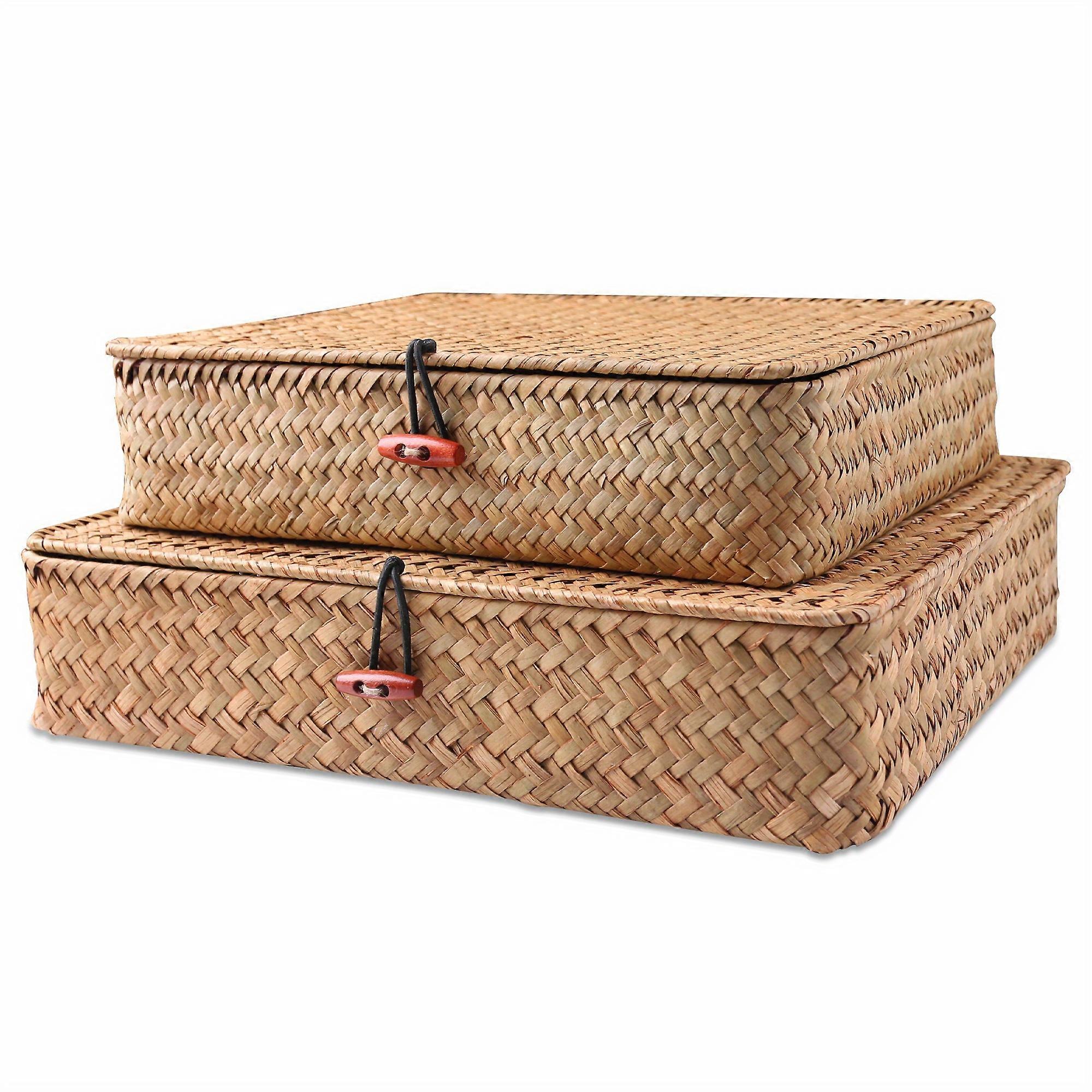 2pcs Wicker Woven Storage Basket, Boho Decorative Storage Box With Lid, Multipurpose Sundries Sorting Storage Organizer, Household Storage Box For Hom