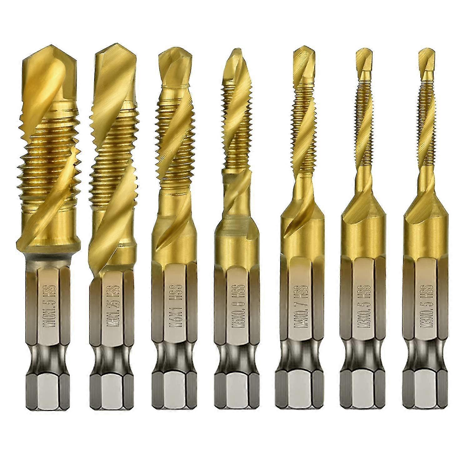 7pcs 14inch Hex Shank Titanium Combination Drill And Tap Set Metric Thread Hss M3-m10 Screw Tappin